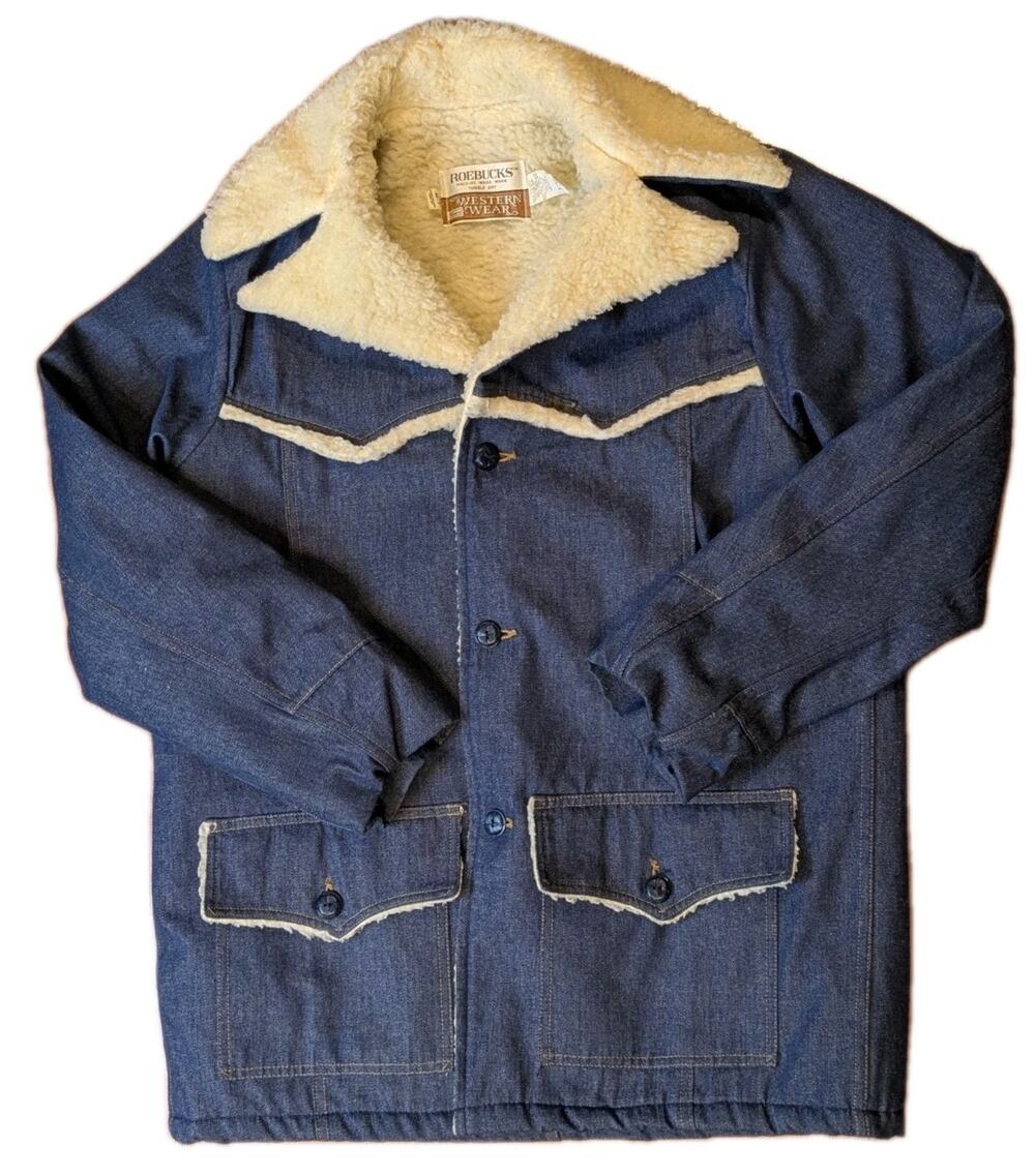Vintage Sears Roebucks Western Wear Sherpa Lined Denim Ranch Coat 44 Tall
